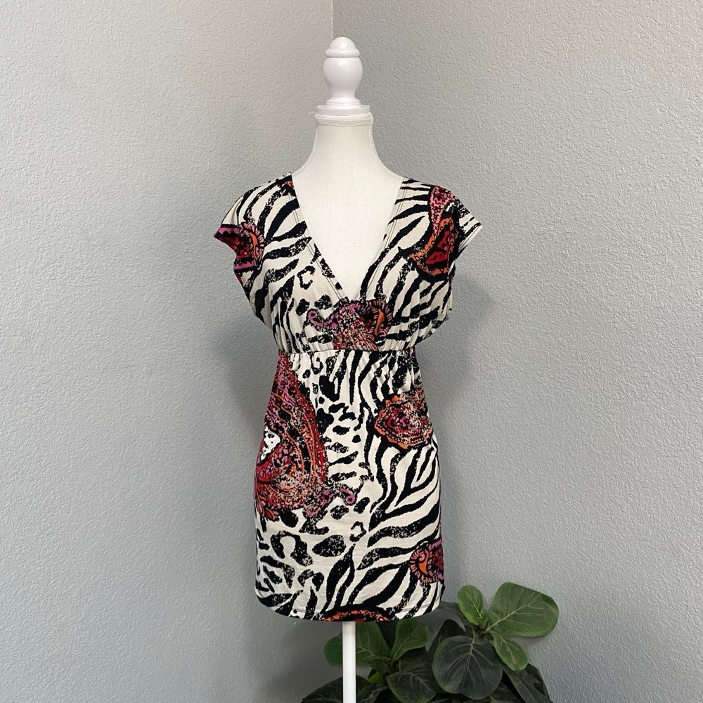 RUE21 ZEBRA ANIMAL PRINT ORANGE PINK PAISLEY FLOWY BLOUSE SHORT SLEEVE BOHO